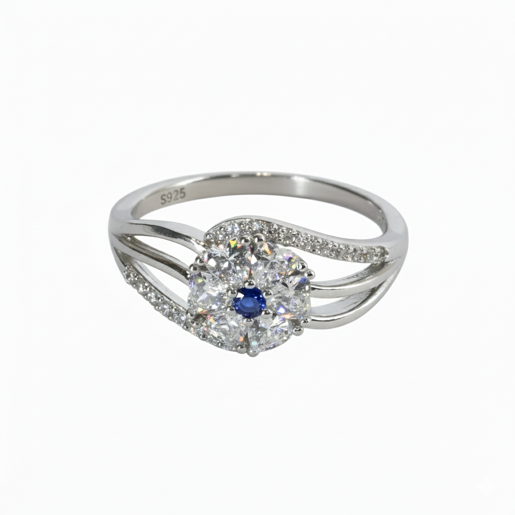 Silver Midnight Pansy Heart Cluster Ring