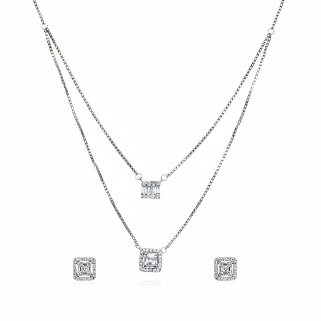 Silver Geometric Halo Pendant set