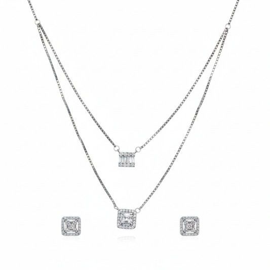 Silver Geometric Halo Pendant set