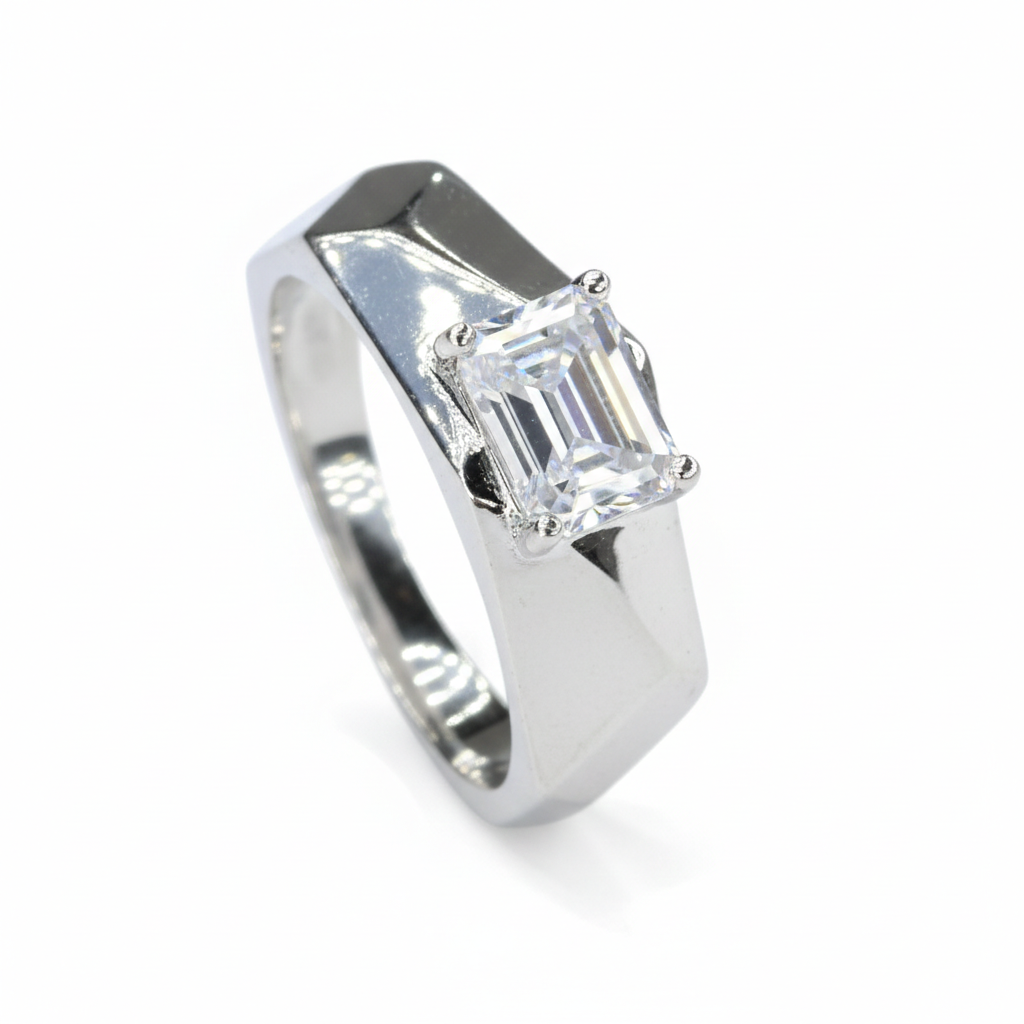 Sterling Silver Emerald-Cut Solitaire Signet Ring for Him