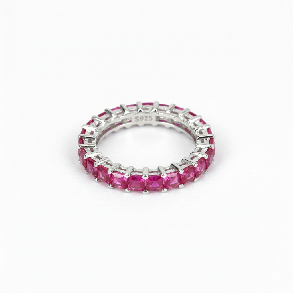 Silver Red Crimson & Crystal Eternity Band For Her
