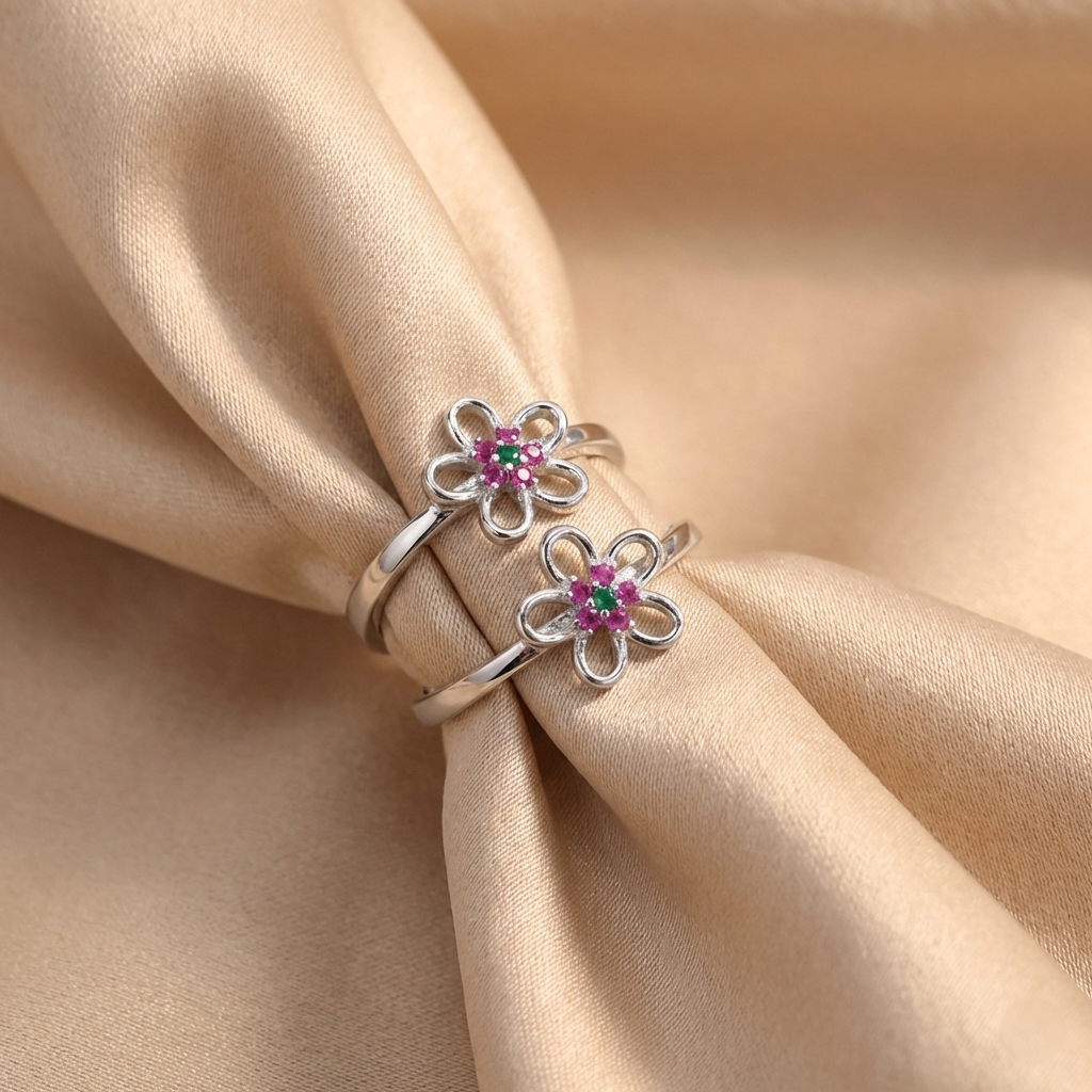 Silver Pink Flower Toe Ring