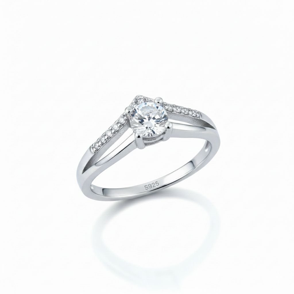 Silver V-Shaped Solitaire (CZ) Diamond Ring for her
