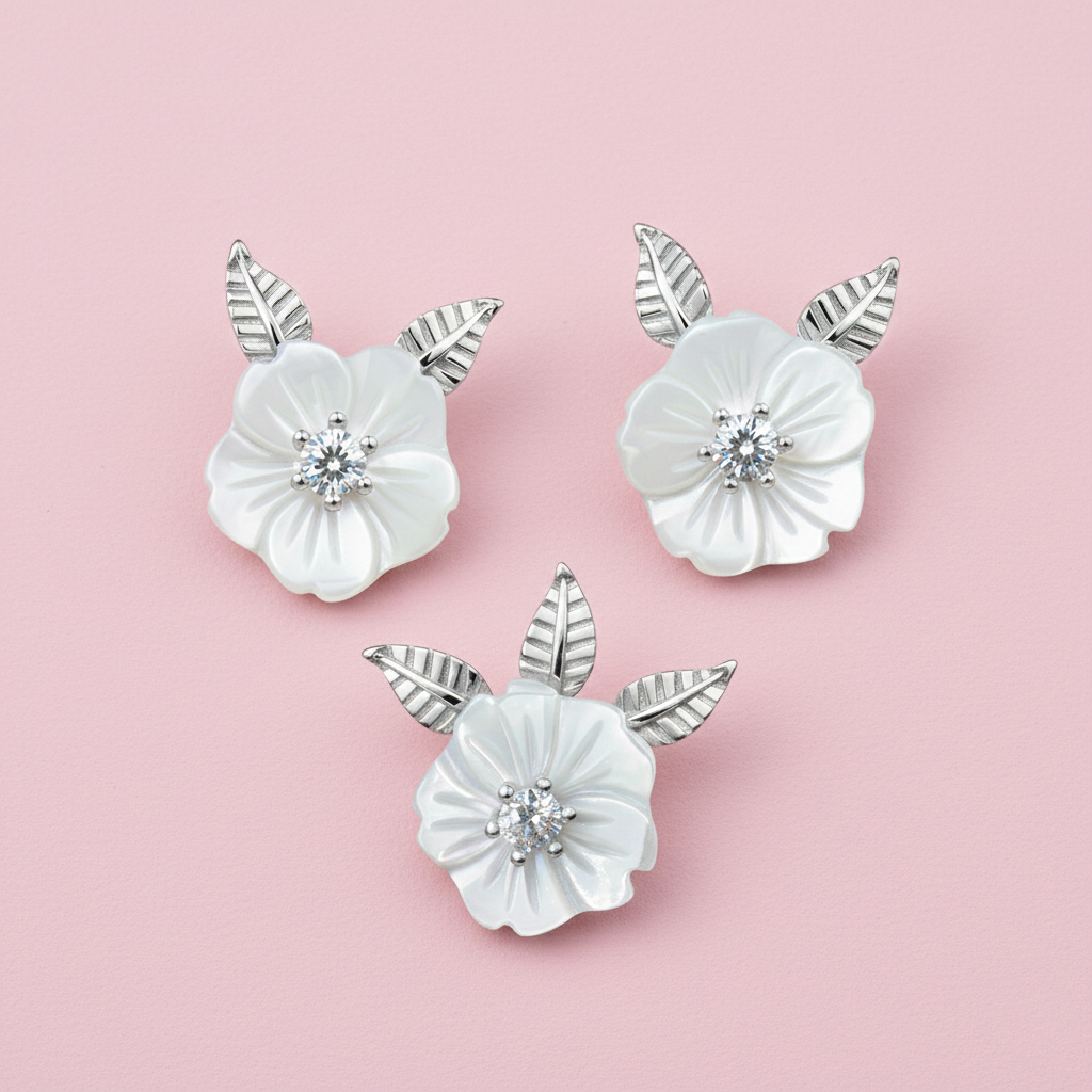 Silver MOP Blooming flower leaf Pendant Set