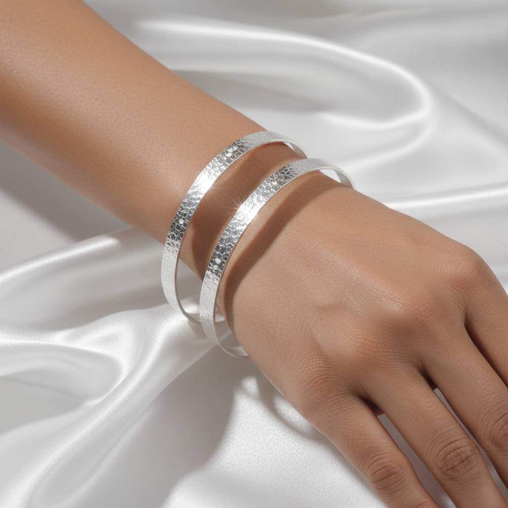 925 Silver Hammered Mirror polished Kada bracelet ( Single piece)