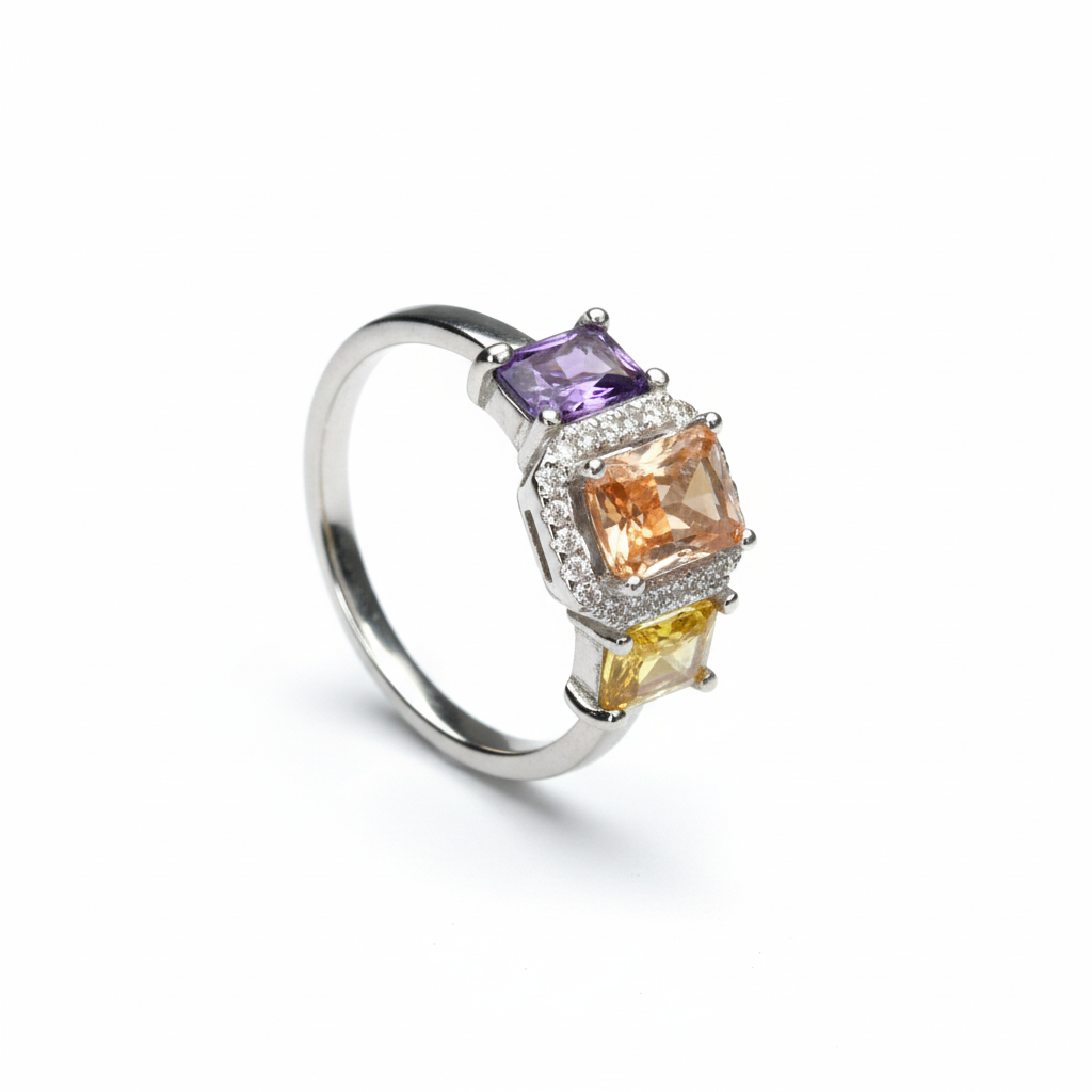 Silver Golden Dahlia Trio Ring For Her