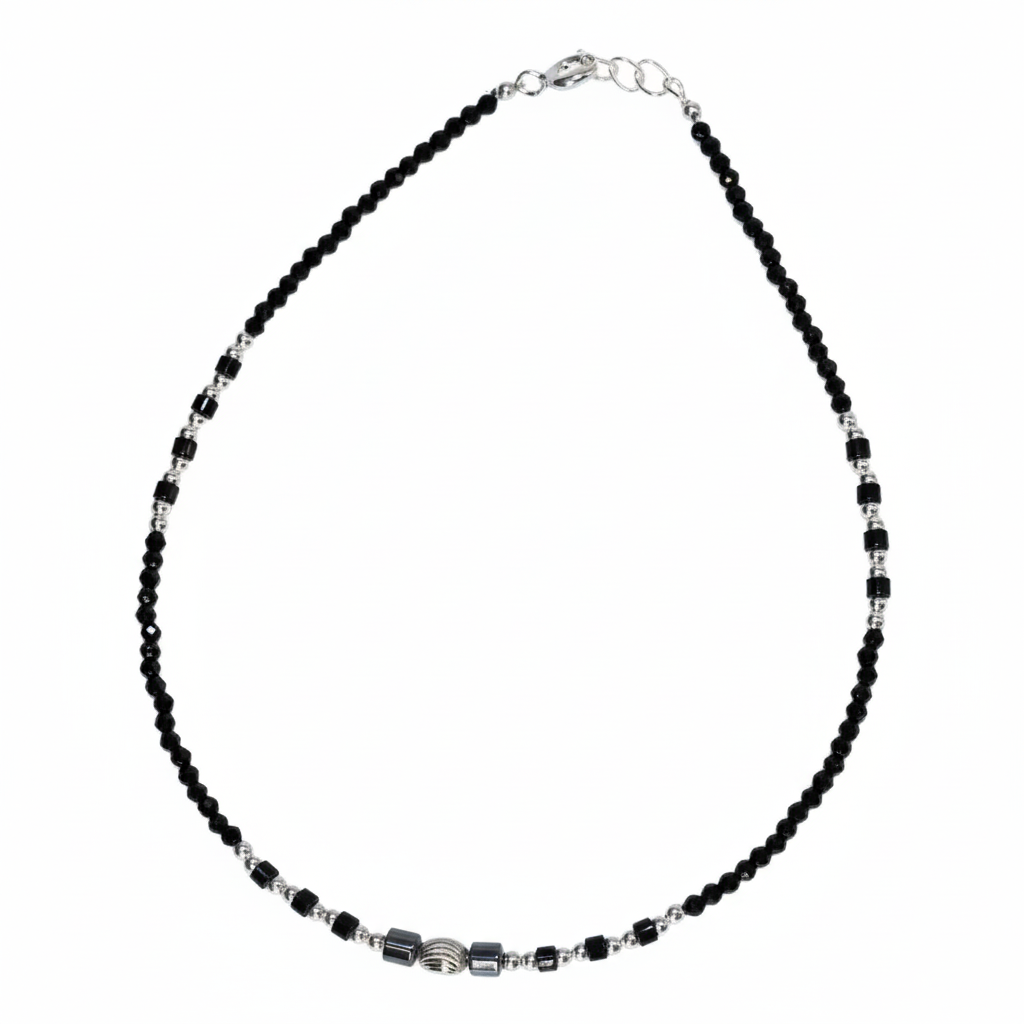 Silver Textured Modern Black beads anklets For her
