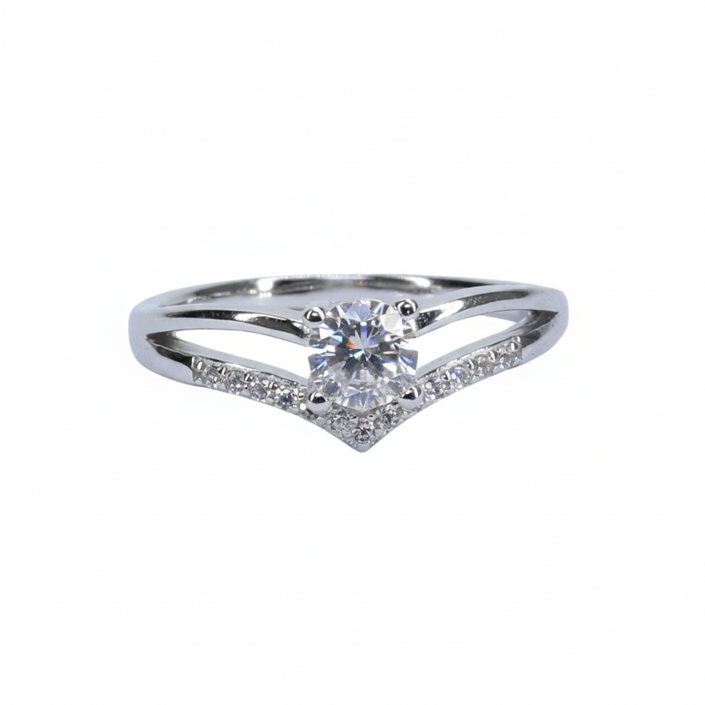 Silver V-Shaped Solitaire (CZ) Diamond Ring for her