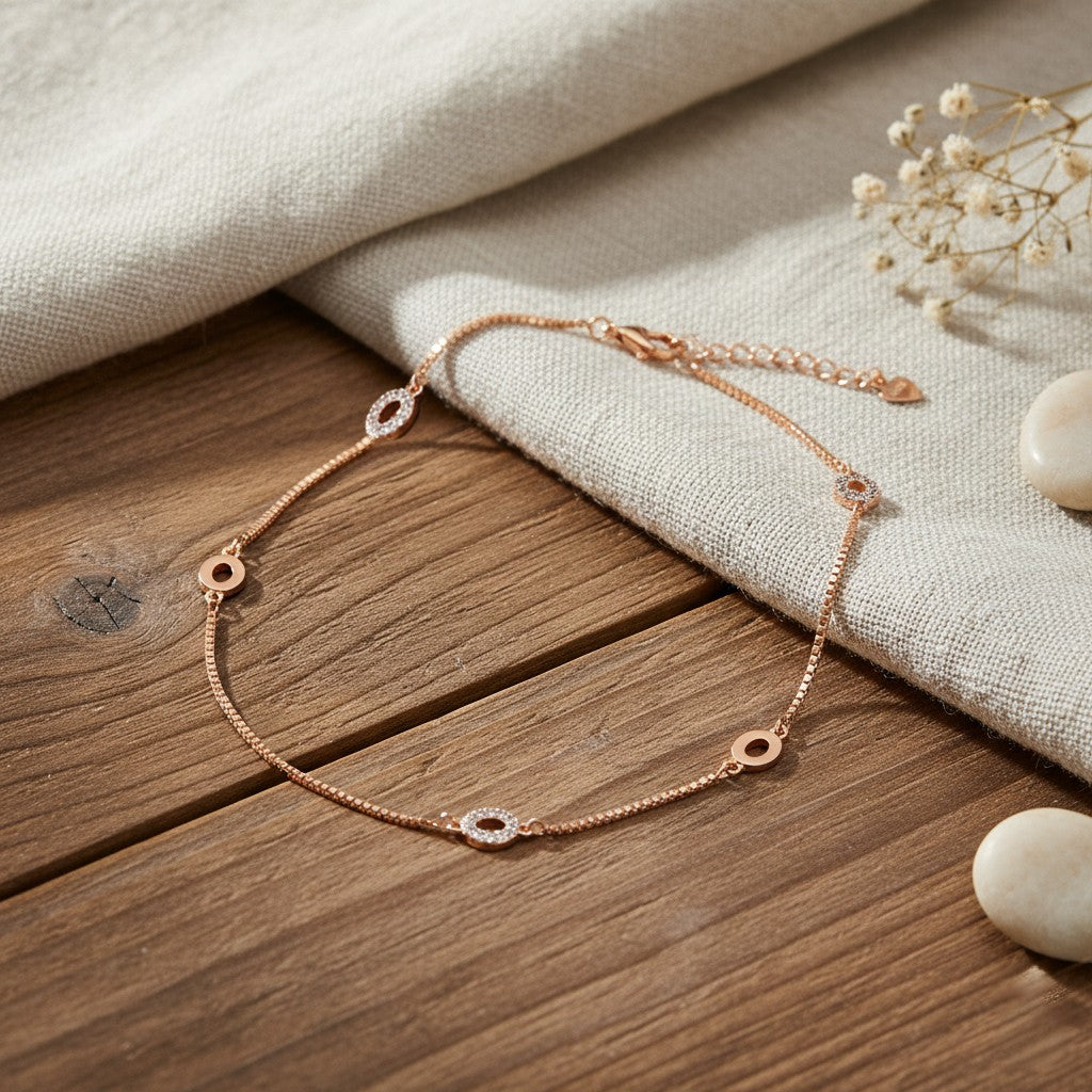 Silver Rose gold Oval Charms Anklet