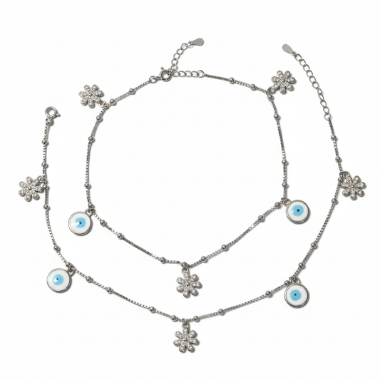 925 Silver Evil Eye & Flower Charm Anklet