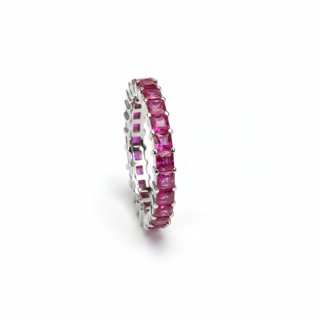 Silver Red Crimson & Crystal Eternity Band For Her