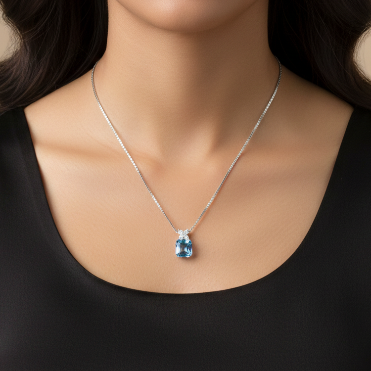 Silver Swiss Blue Crystal with floral design Chain pendant for her