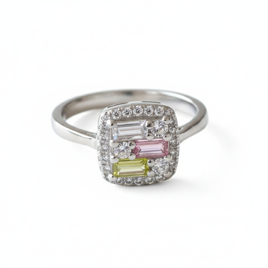 Silver Multi Colour Baguette Ring For Her