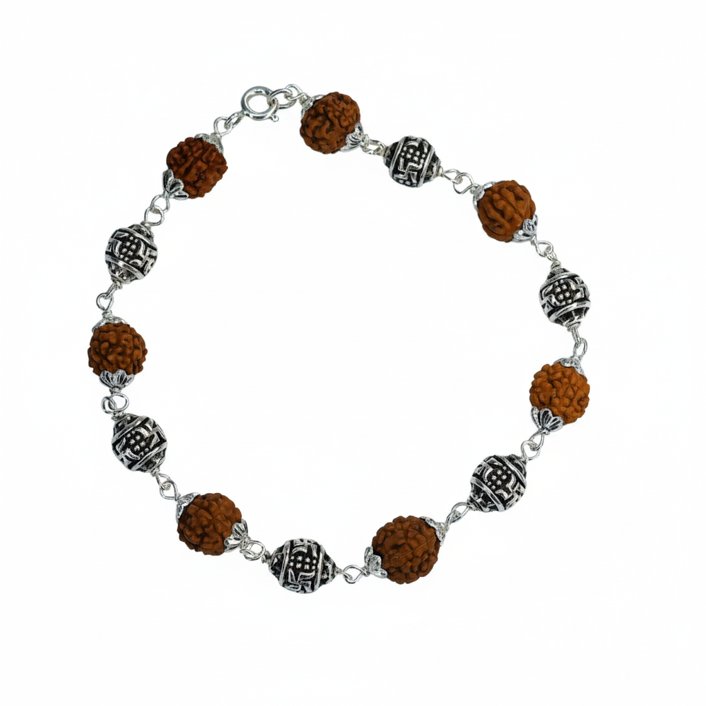 Silver Swastik Symbol Rudraksh chain Bracelet