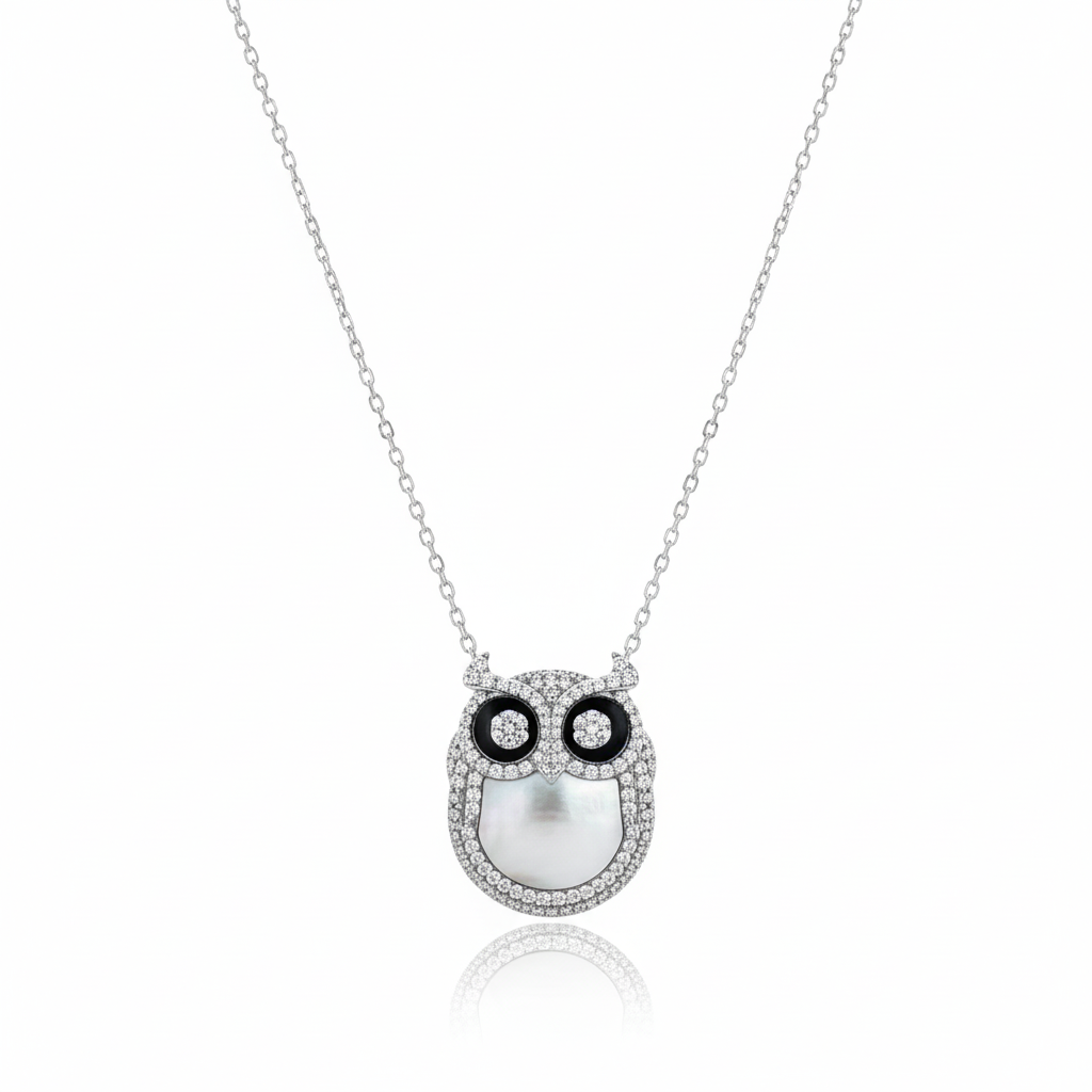 Silver Wise Owl Necklace pendant with Mother of Pearl and CZ