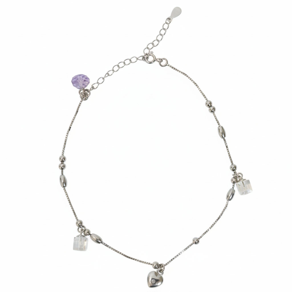 Silver Lilac crytal and heart Charm Anklet for her