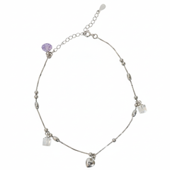Silver Lilac crytal and heart Charm Anklet for her