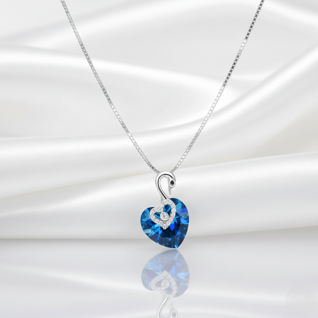 Silver Deep Blue Swan Heart Crystal Pendant