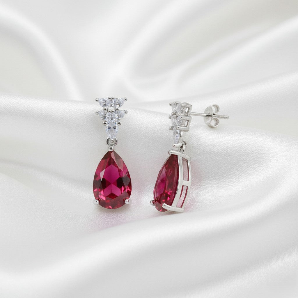 Silver Royal Red Huggie Earrings