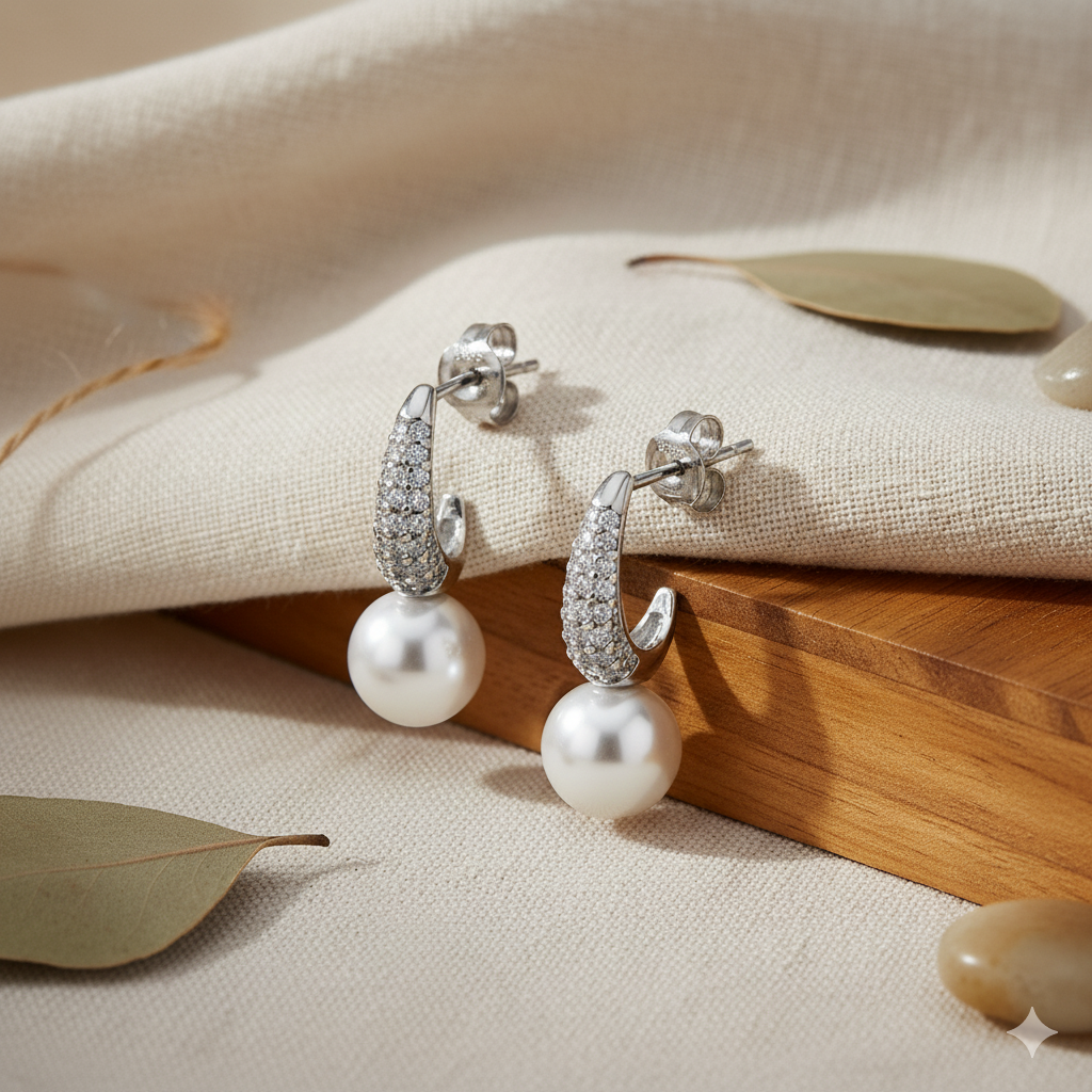 Silver Crescent shaped Pearl drop earrings in Bali pattern