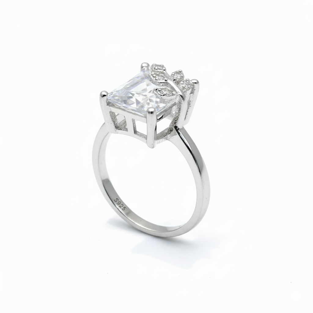 Silver Enchanted Leaf Emerald Cut Ring For Her