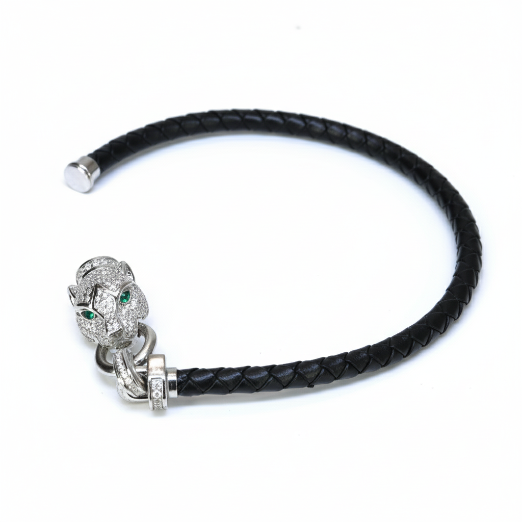 Silver Luxury Leather Panther Bracelet For Her
