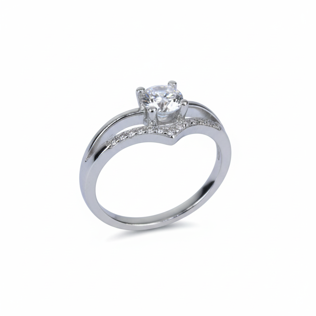 Silver V-Shaped Solitaire (CZ) Diamond Ring for her