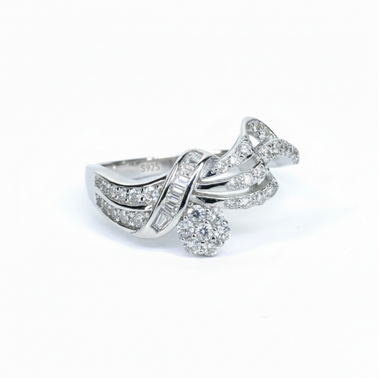 Silver Designer Diamond Cocktail Ring with Floral & Baguette Accents