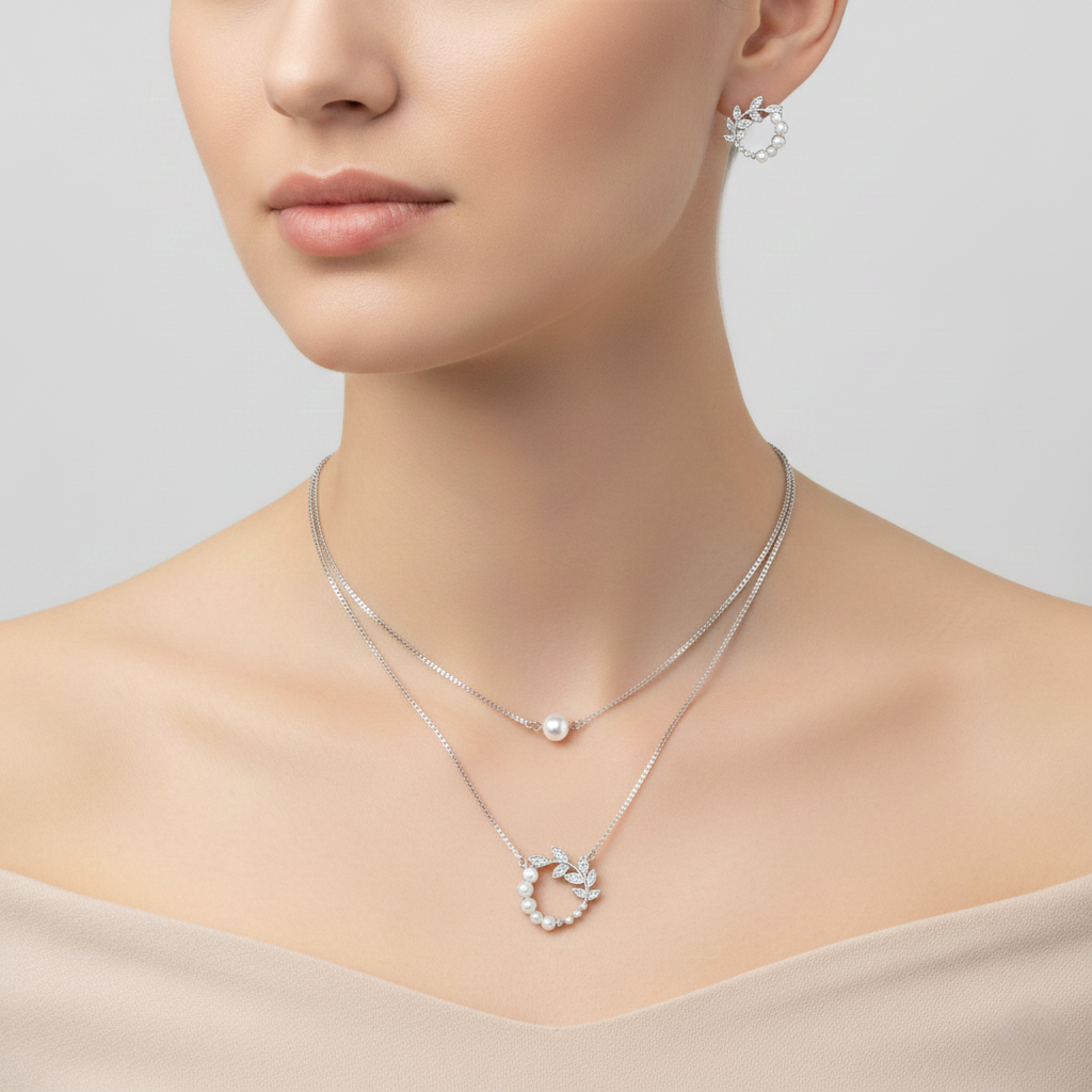 Silver Luminous Pearl Pendant Set