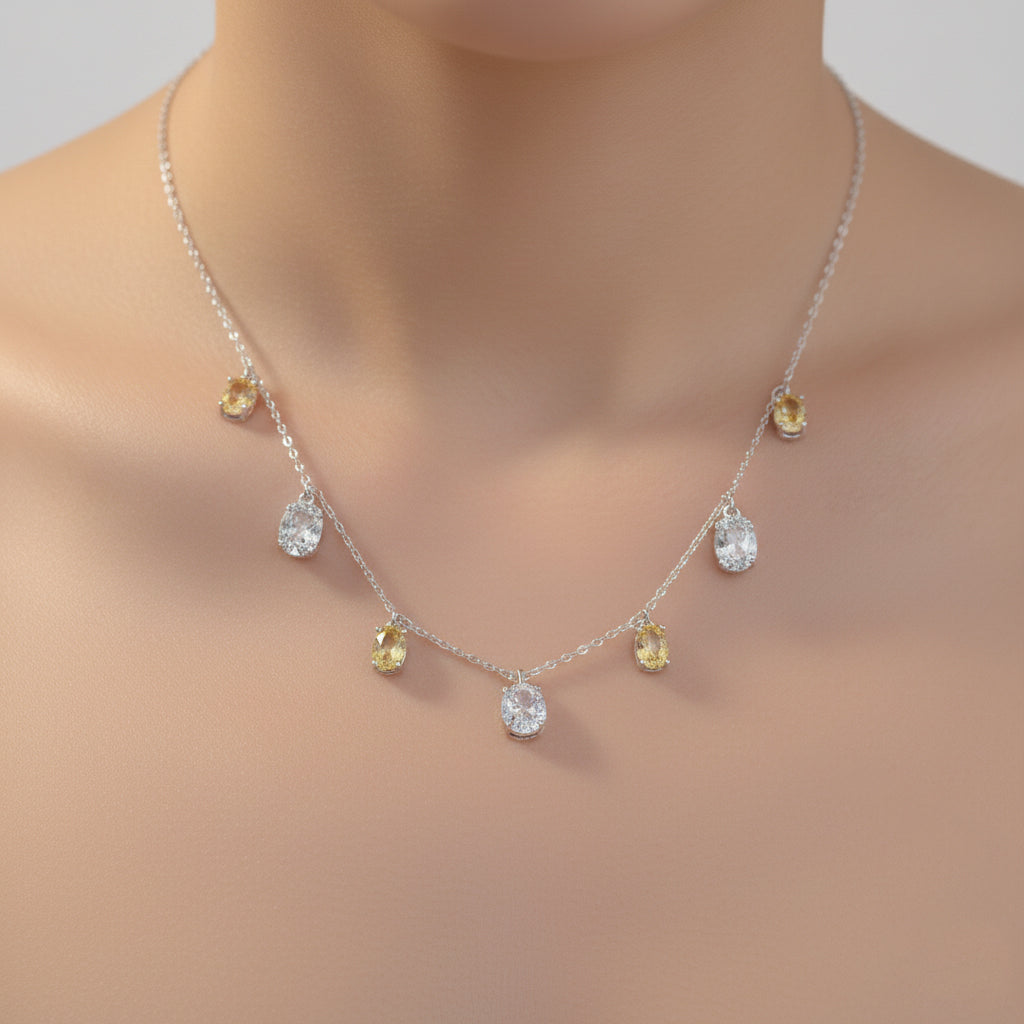 Silver Oval yellow and White stone charms Necklace