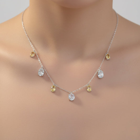 Silver Oval yellow and White stone charms Necklace