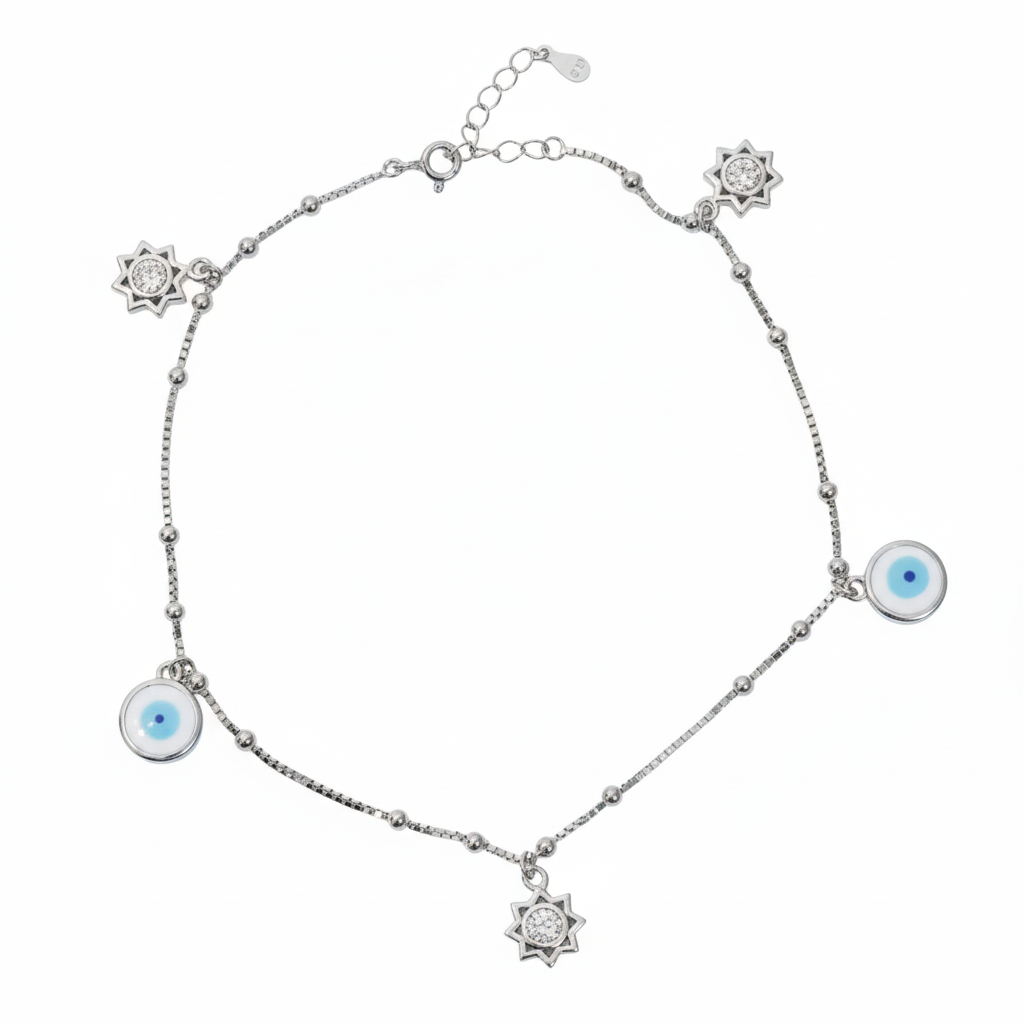 Silver Evil eye and Sun charms Anklet