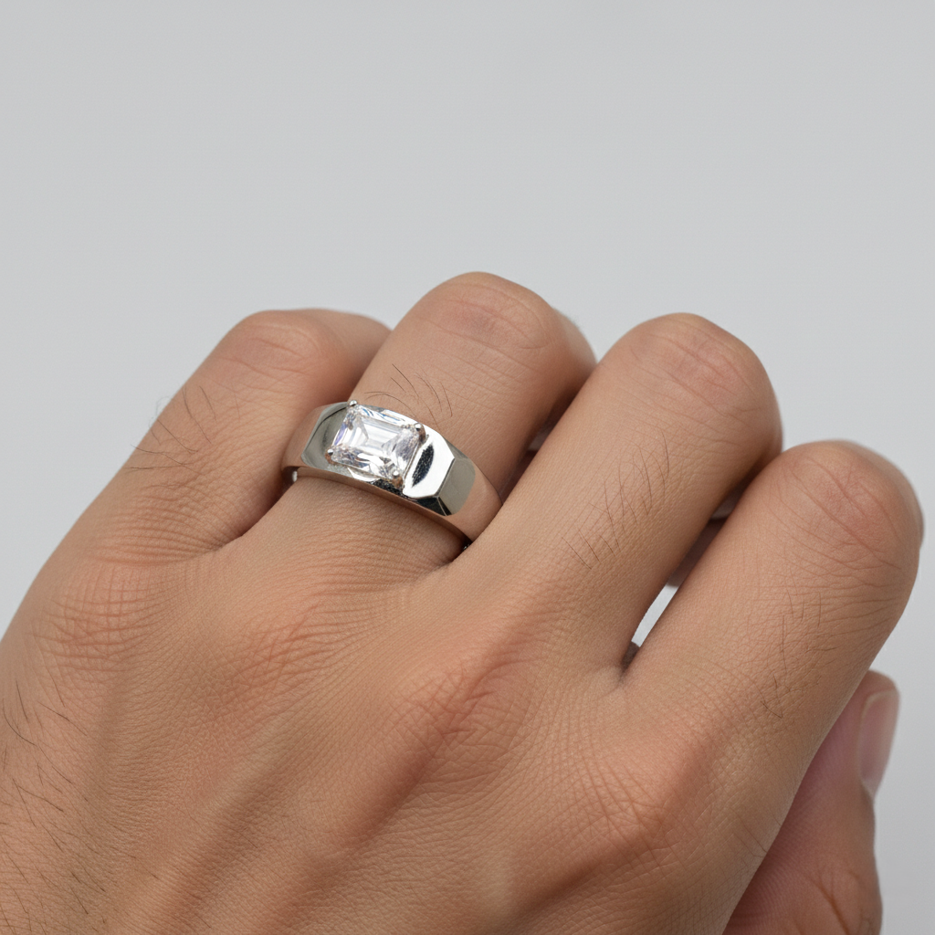 925-Sterling Silver Radiant-Cut Solitaire Signet Ring for Him