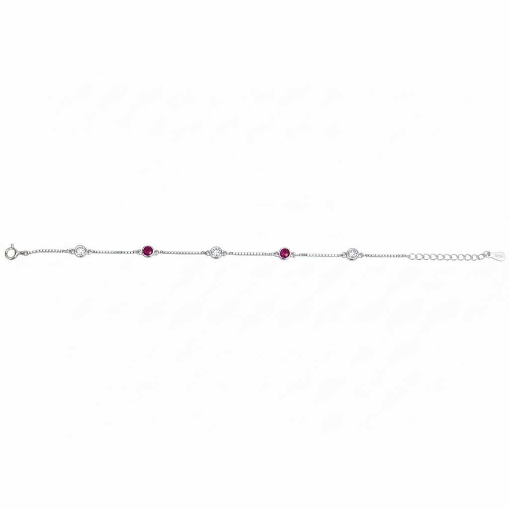 Silver Classic Ruby pink and White Girlish Chain bracelet