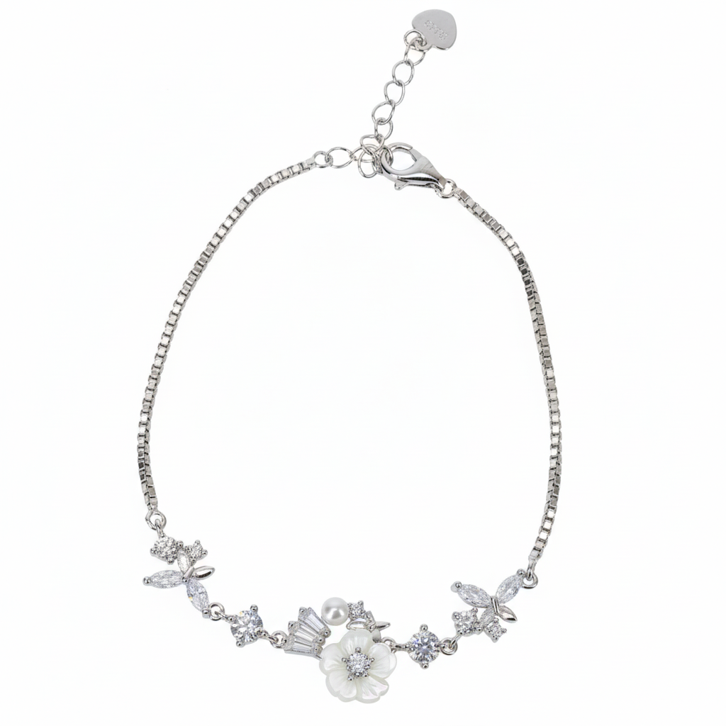 Silver Cute Whimsical Flower and Butterfly Bracelet for her
