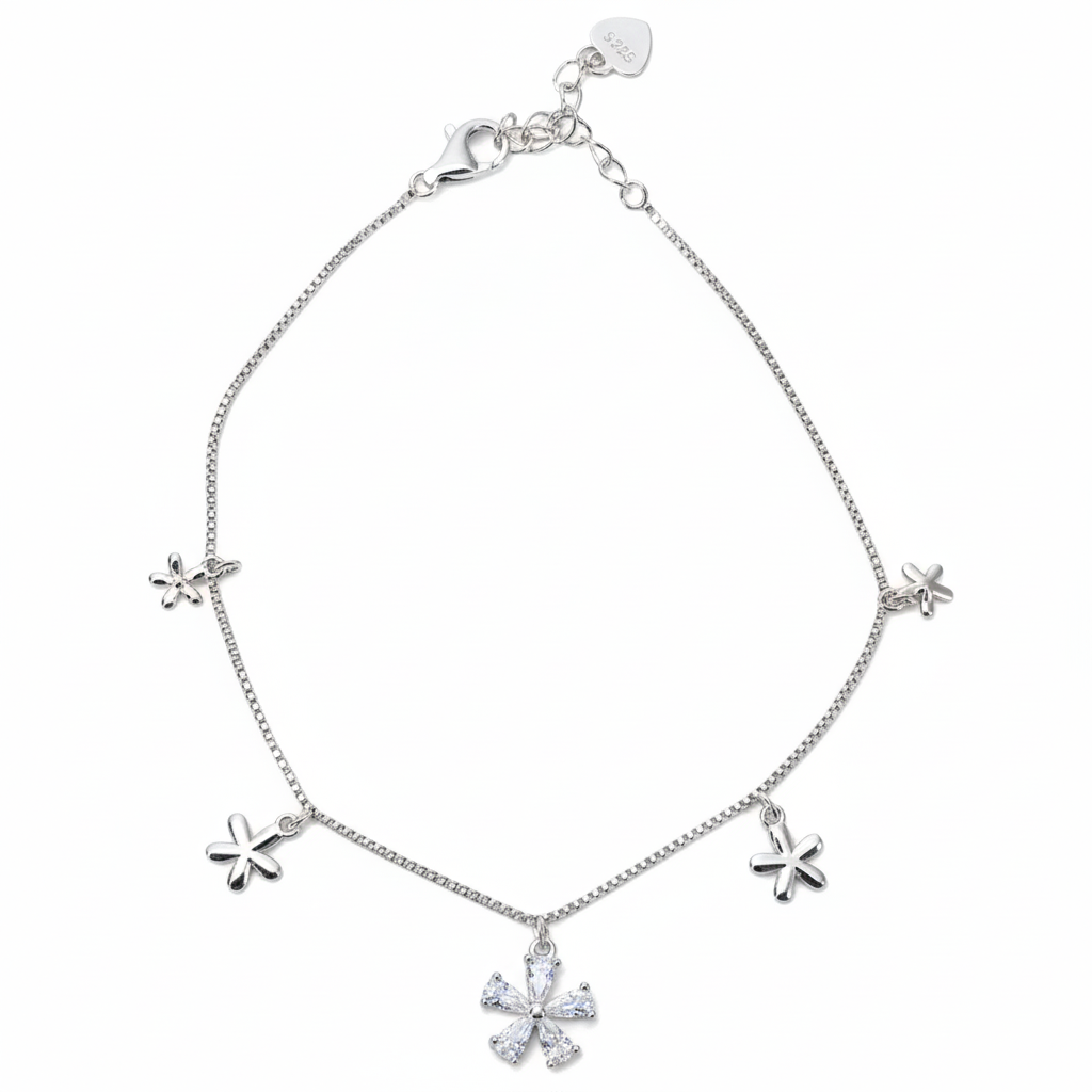 Silver Sparkling Flower Charm Bracelet