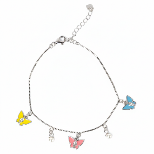 Silver Butterfly Charm Bracelet with Enamel & Pearl Drops