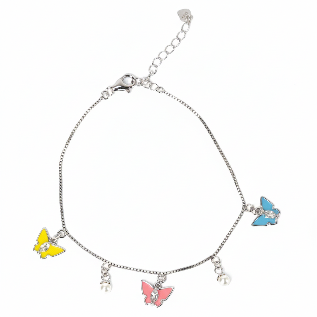 Silver Butterfly Charm Bracelet with Enamel & Pearl Drops