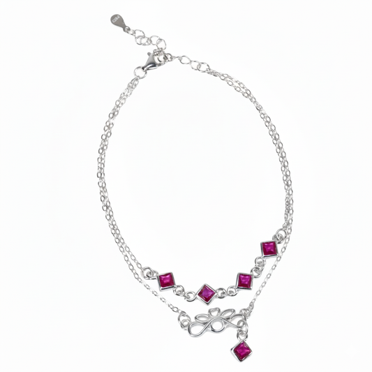 Silver Pink Double Layered Charm Bracelet with Infinity Knot