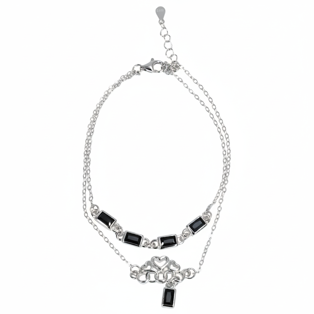 Silver Double Layered Bracelet With Black Baguette And Heart charms