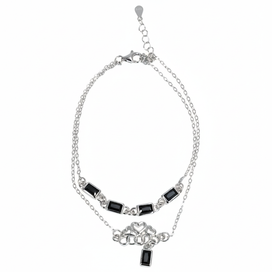 Silver Double Layered Bracelet With Black Baguette And Heart charms