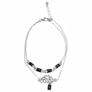 Silver Double Layered Bracelet With Black Baguette And Heart charms