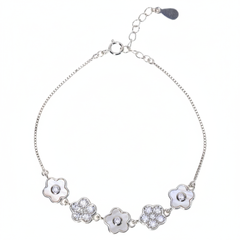 Silver Cute Flower Design Chain Bracelet With MOP & CZ Diamonds