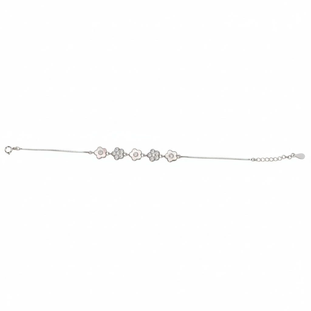 Silver Cute Flower Design Chain Bracelet With MOP & CZ Diamonds