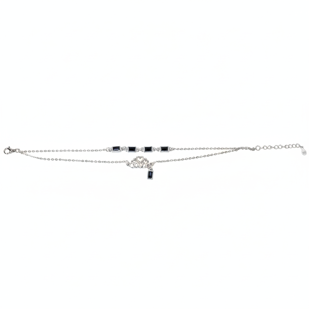 Silver Double Layered Bracelet With Black Baguette And Heart charms