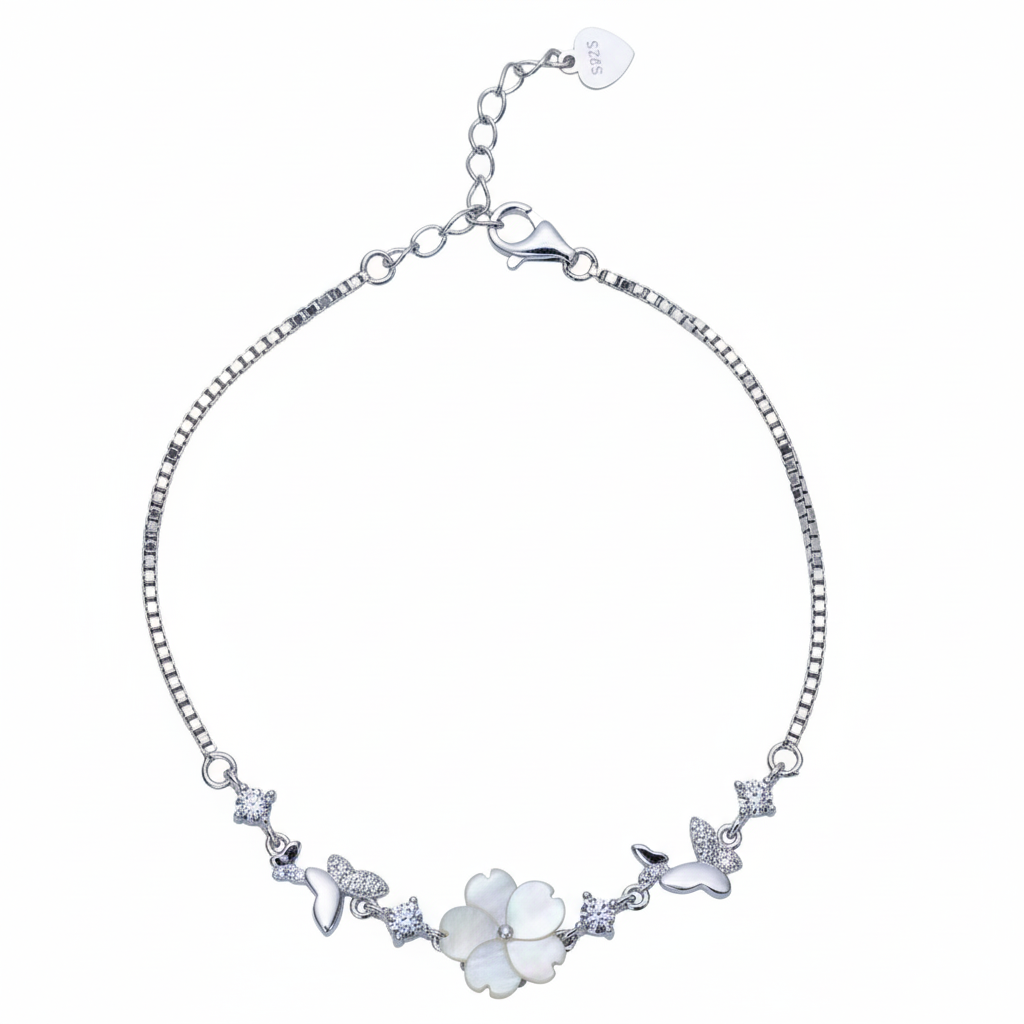 Silver Mother-of-Pearl Blossom & Butterfly Bracelet