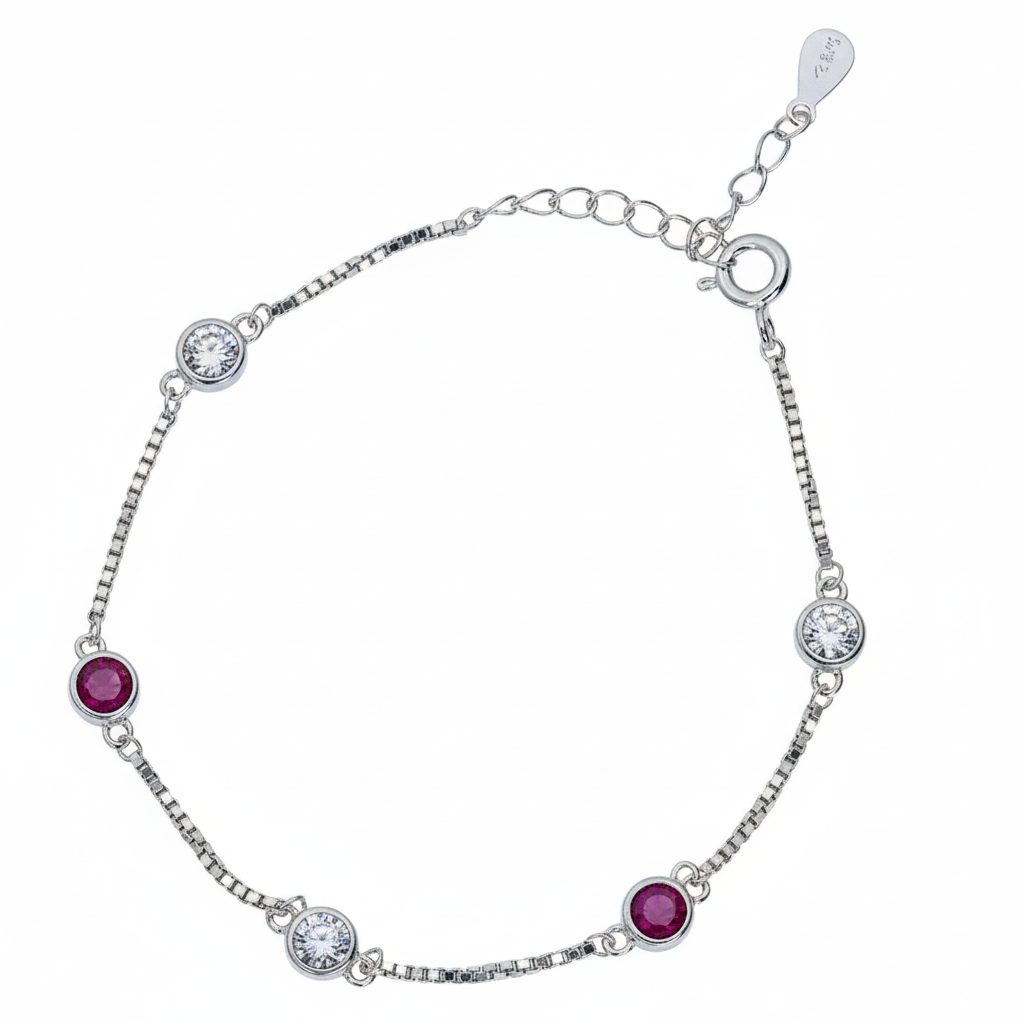 Silver Classic Ruby pink and White Girlish Chain bracelet