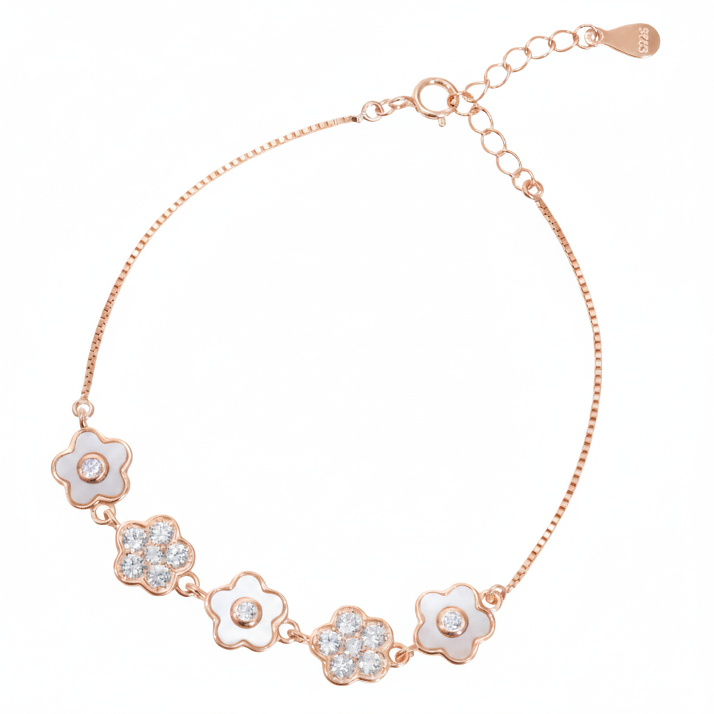 Rose gold Cute Flower Design Chain Bracelet With MOP & CZ Diamonds