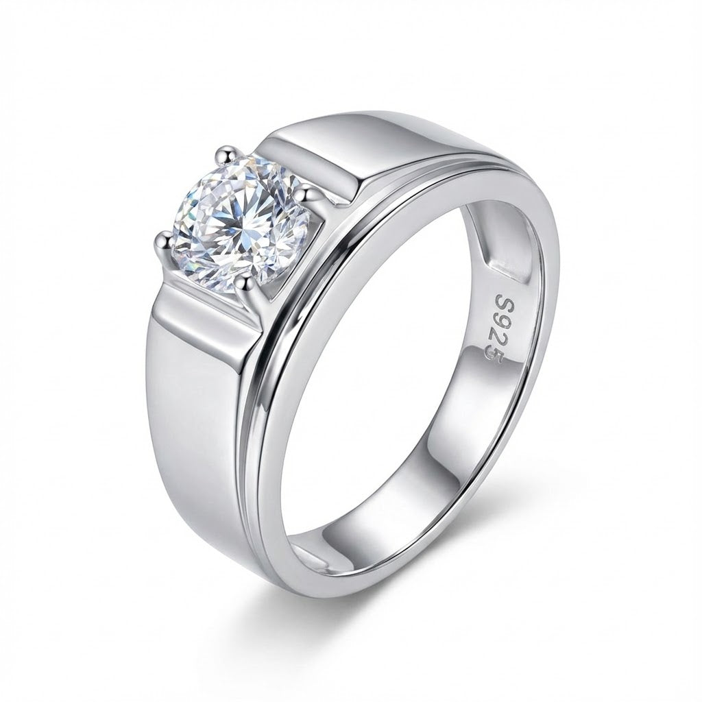 925-Sterling Silver Brilliant-Cut Solitaire Signet Ring for Him