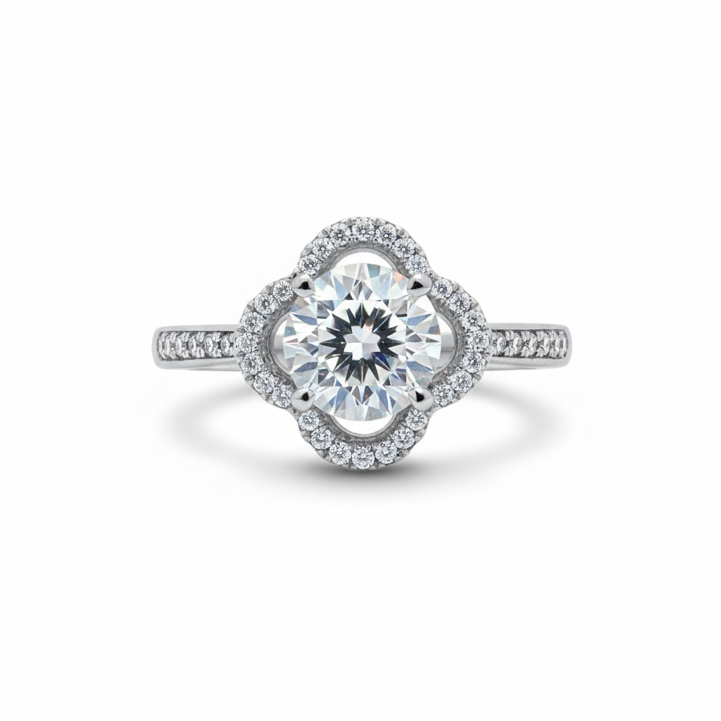 Silver Clover Halo Solitaire Engagement Ring